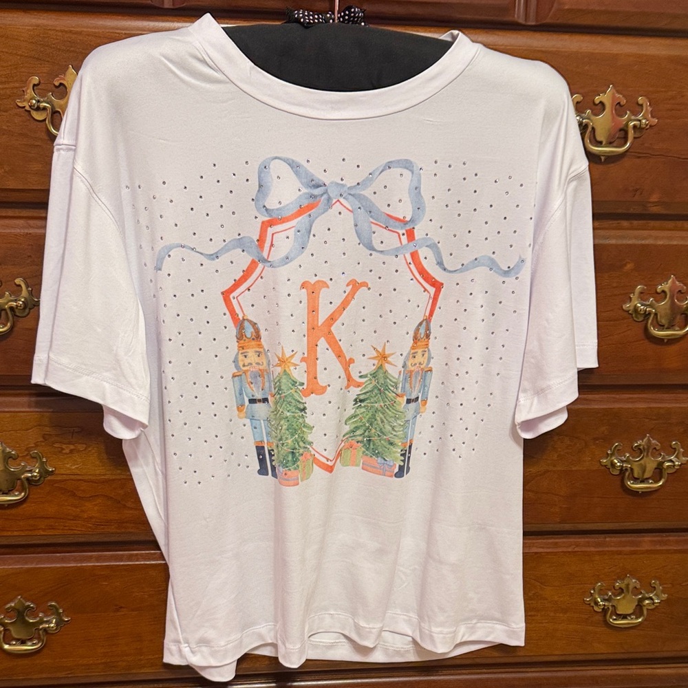 Judith March White Rhinestone T-Shirt with Letter K & Nutcrackers